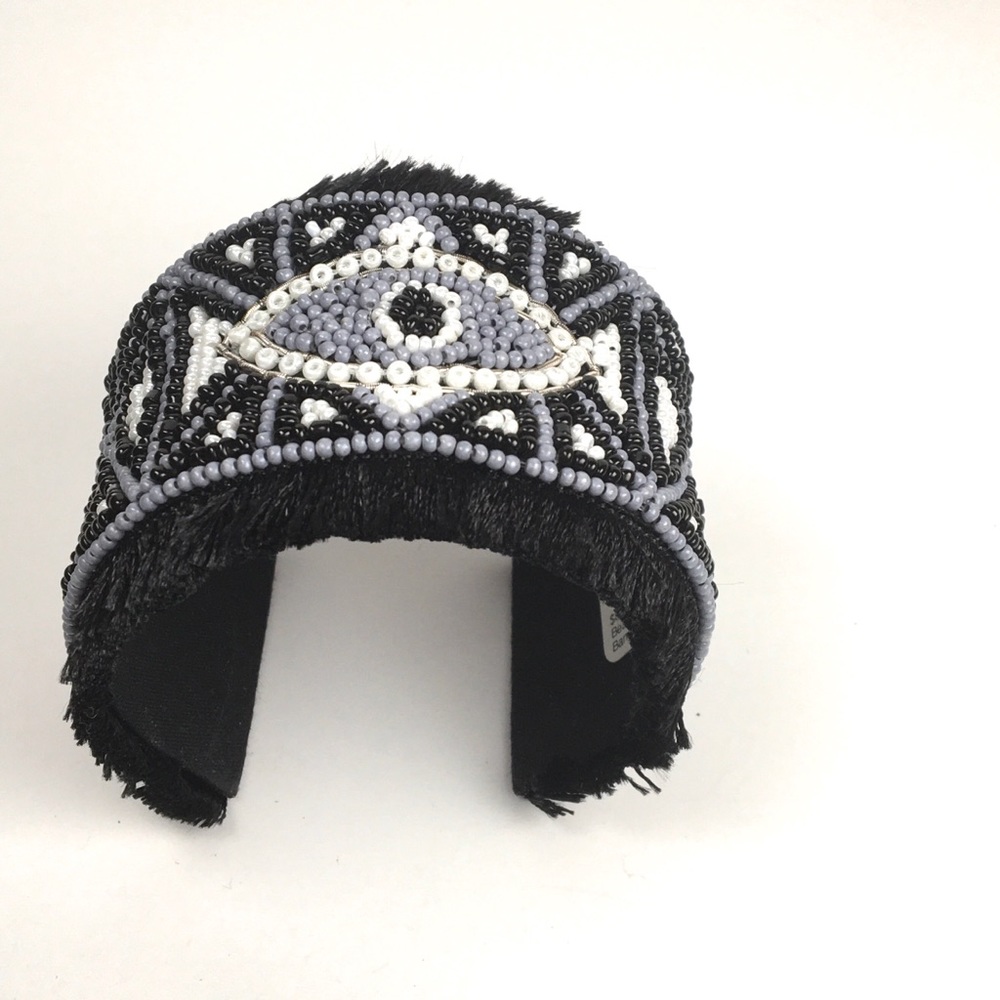 Evil Eye Beaded Cuff Bracelet Gray and Black